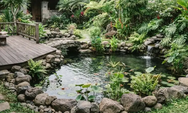 Dek Kolam Ikan dengan Batu Alam, Sumber: AI