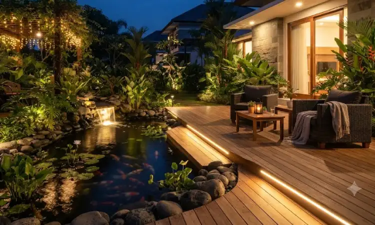 Dek Kolam dengan Lampu Outdoor, Sumber: AI