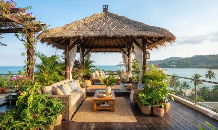 Gazebo rooftop gaya tropis, Sumber: AI